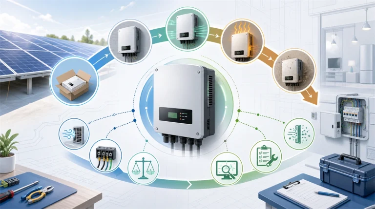 Solar inverter lifecycle concept showing installation, ventilation, loading, monitoring, maintenance, heat, dust, aging, inspection, and eventual replacement around a generic inverter.