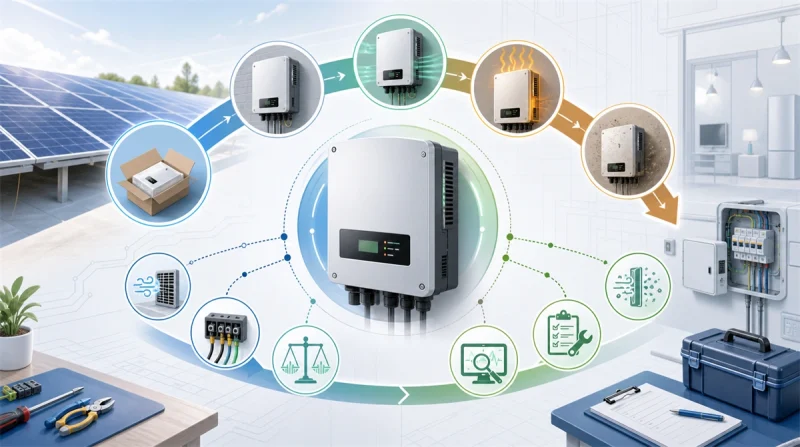 Solar inverter lifecycle concept showing installation, ventilation, loading, monitoring, maintenance, heat, dust, aging, inspection, and eventual replacement around a generic inverter.