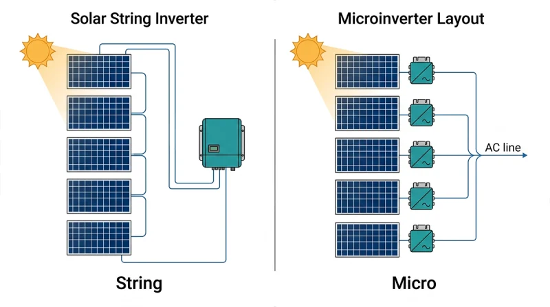 Solar topology diagram showing multiple panels connected to one string inverter versus panel-level microinverters on each module.