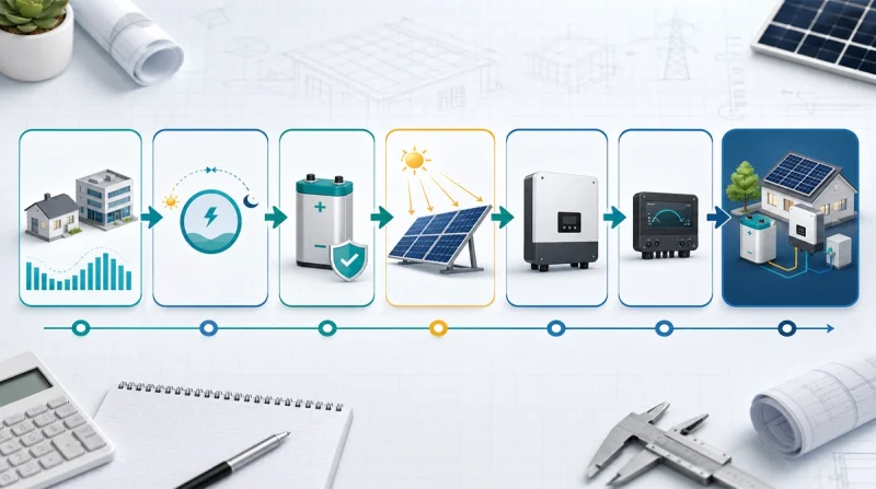 Solar system sizing workflow illustration showing load demand, energy estimate, battery reserve, PV array sizing, inverter selection, MPPT check, and final system balance.