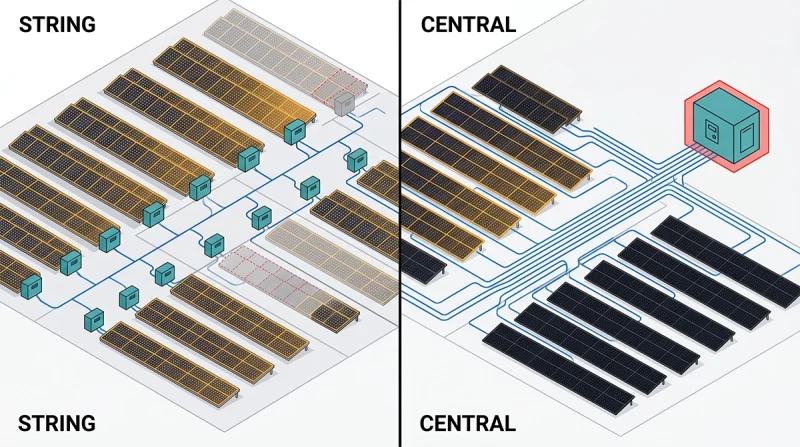 C&I solar layout diagram comparing distributed string inverters near array sections with a single central inverter station.