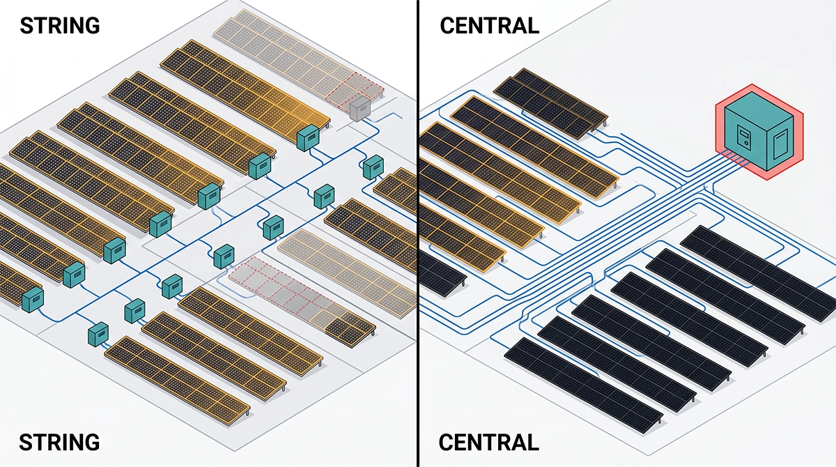 C&I solar layout diagram comparing distributed string inverters near array sections with a single central inverter station.