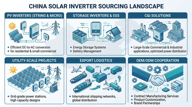 China solar inverter manufacturer landscape illustration with icons for PV inverters, storage inverters, C&I systems, utility projects, export shipping, and OEM/ODM cooperation.