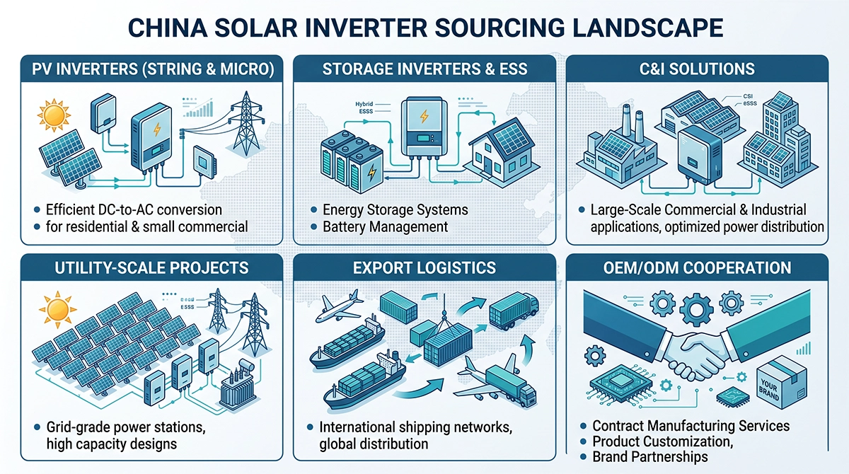 China solar inverter manufacturer landscape illustration with icons for PV inverters, storage inverters, C&I systems, utility projects, export shipping, and OEM/ODM cooperation.