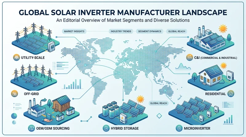 Global solar inverter manufacturer landscape illustration with segment icons for utility, C&I, residential, microinverter, hybrid, off-grid, and OEM/ODM sourcing.