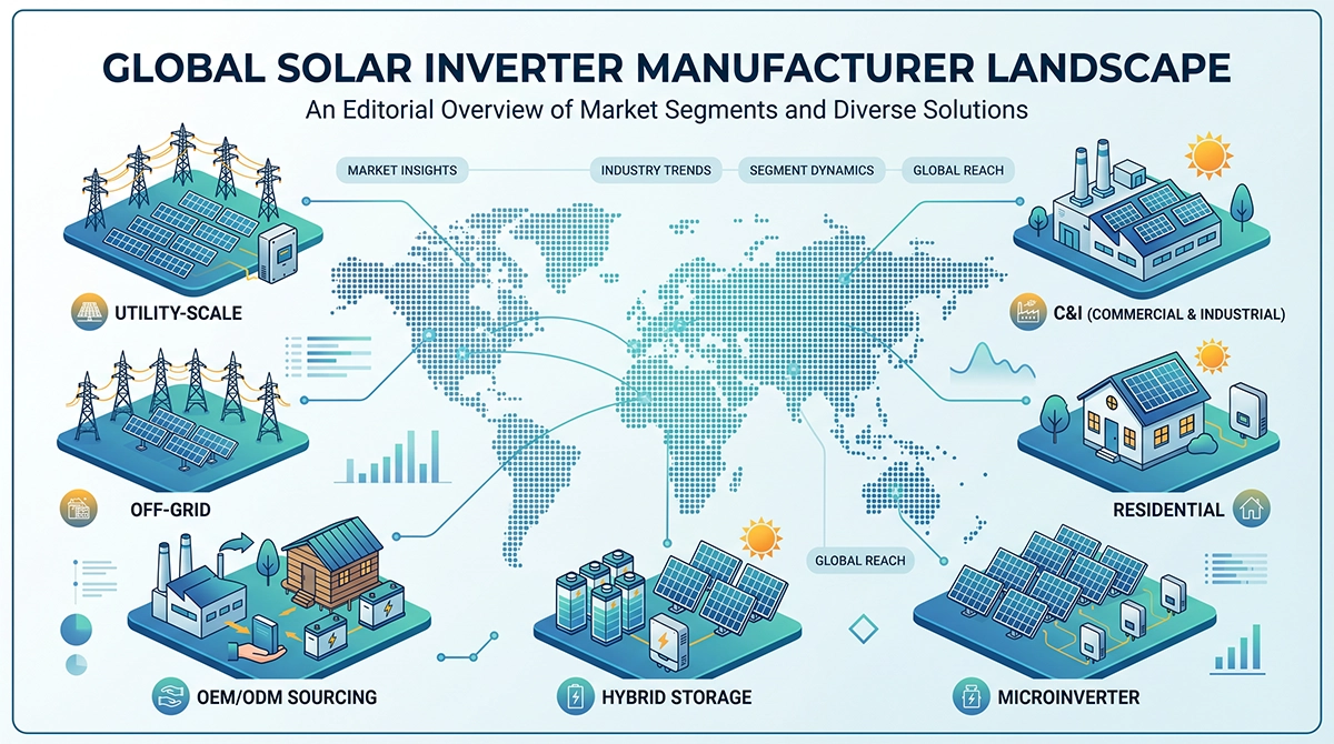 Global solar inverter manufacturer landscape illustration with segment icons for utility, C&I, residential, microinverter, hybrid, off-grid, and OEM/ODM sourcing.