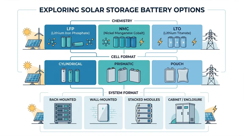 Educational map separating lithium battery chemistry, cell format, and finished solar-storage product format.