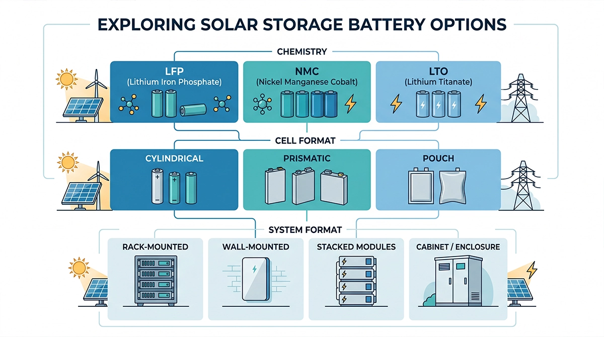 Educational map separating lithium battery chemistry, cell format, and finished solar-storage product format.