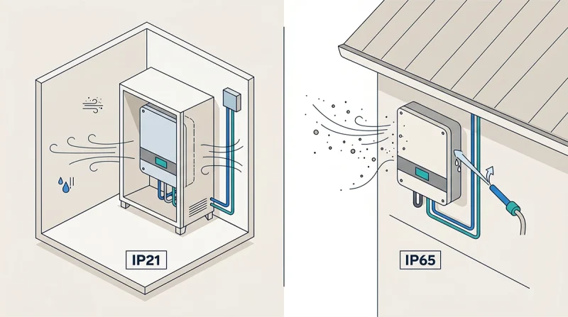 Split diagram comparing an indoor IP21 inverter location with an outdoor IP65 inverter location exposed to dust and water jets.