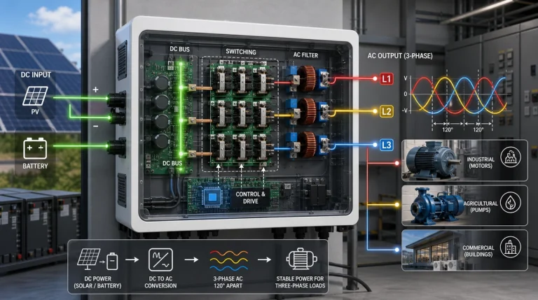 Cutaway view of a three-phase inverter converting DC solar or battery input into three AC output phases for motors, pumps, and commercial loads.